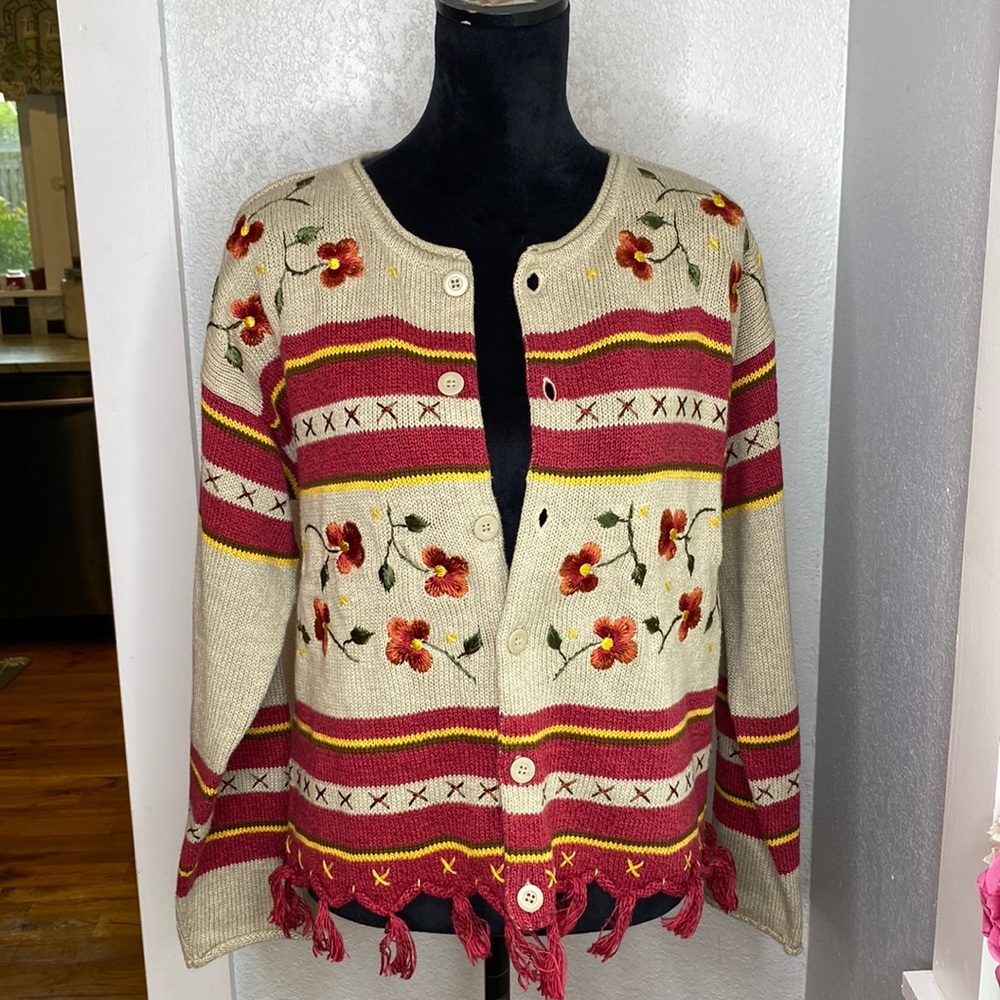 Liz Wear Embroidered Fringe Knit Cardigan Sweater Size Small Boho Cottagecore